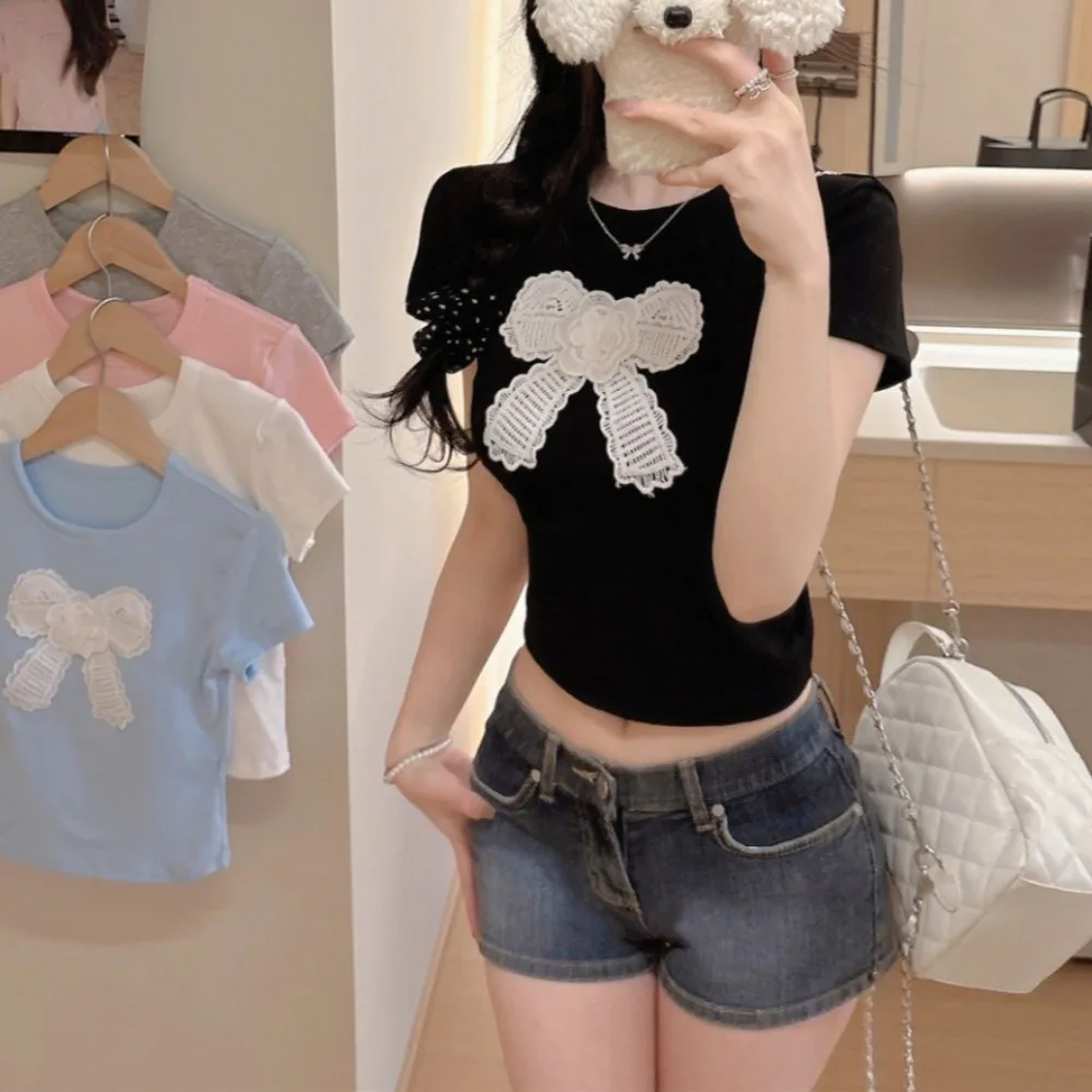 

Casual Top Cotton Korean Bow T-shirts Bowknot Embroidered Y2K Crop Tops Undershirt Spicy Girl Short Shoulder Tops Women