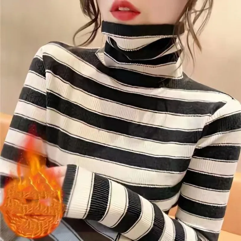 Women\'s turtleneck Flocking Underlay 2023 Autumn and Winter New Fashion Loose Printed Striped Long Sleeve Pullover T-shirt Tops