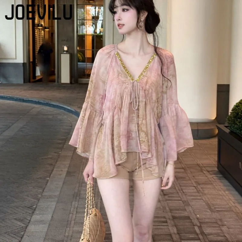 

V-neck Yellow Floral Camisole Women's Loose Hundred with Nine-minute Sleeve Top Department with Temperament of The Small Shirt