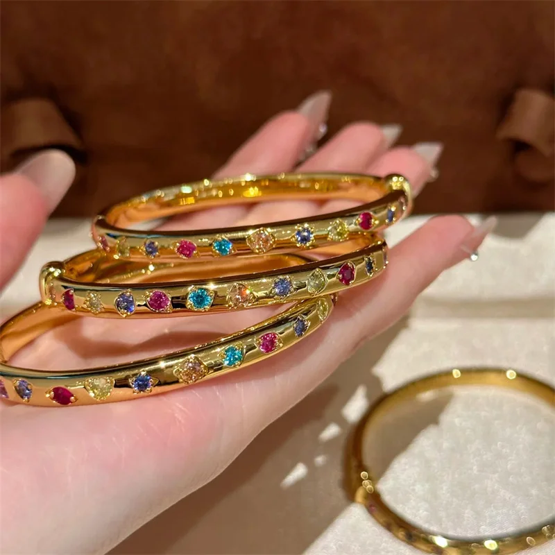 Ladies 14K Gold Plated Stainless Steel Buckle Bangle, Colorful Candy Inlaid Crystal Bracelet, Luxury Temperament Wear Jewelry