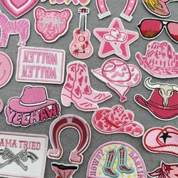 Pink Western Cowboy DIY Iron on Patches for Clothes Embroidery Patch Applique for Clothing Cartoon Stripes Sewing Stickers