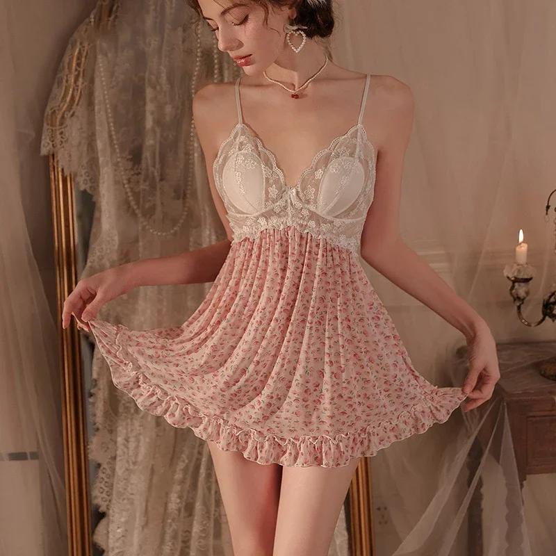 

Sexy Suspender Floral Nightdress Women's Sweet Lace Patchwork Dress Pajamas