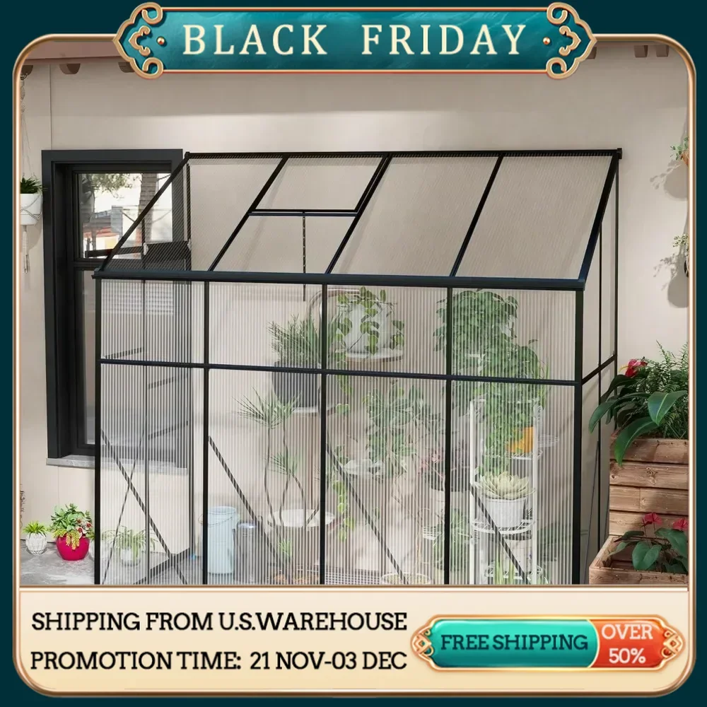 Lean-to PolyCarbonate Greenhouse, Walk-in Greenhouse w/Sliding Door, 5-Level Roof Vent, Rain Gutter, Aluminum Frame & Foundation