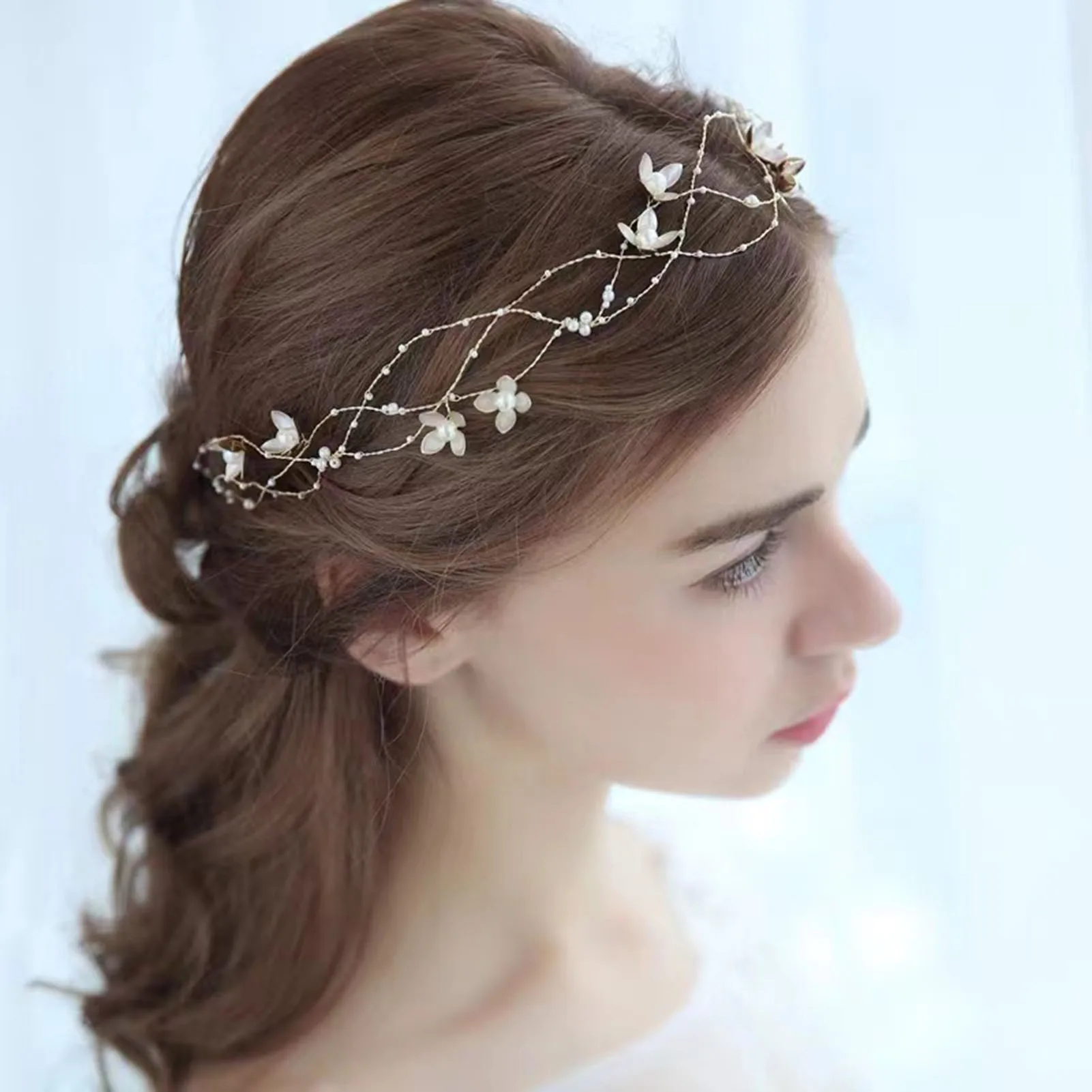 Gold Color Alloy Flower Headbands Artificial Pearl Hairbands Floral Headwear for Bride Wedding Women Girls Party Hair Jewelry