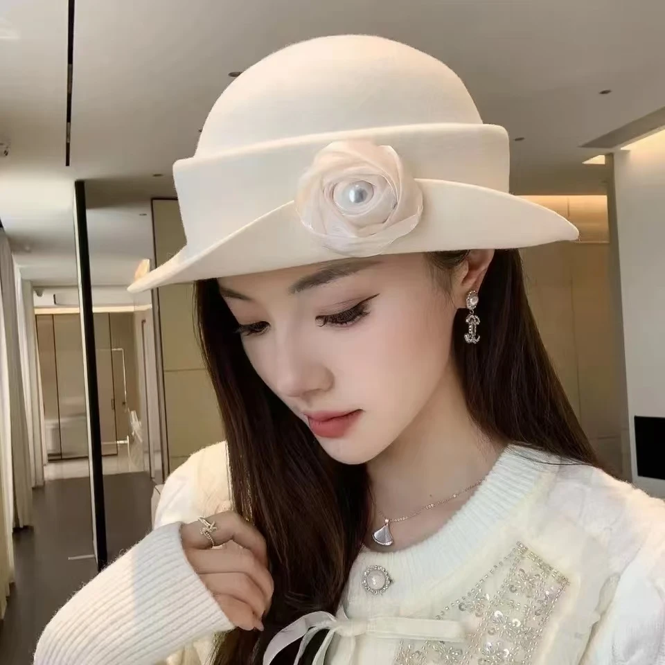 French light luxury Australian wool felt hat Hepburn style camellia flower small brim basin hat women elegant banquet top hat