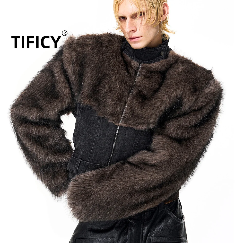 High Street Fur Jackets Men's Winter Distressed Front Shoulder Short Faux Fur Patchwork Streetwear Denim Jacket
