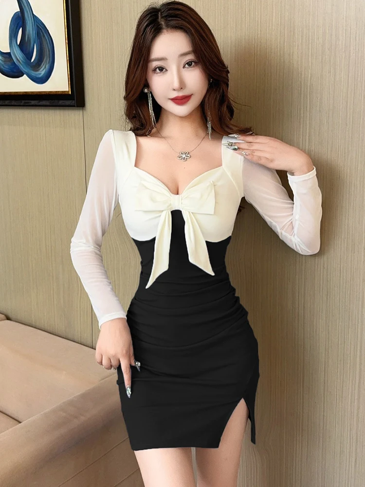 الخريف الأزرق المرقعة الأبيض القوس ساحة طوق فستان قصير 2025 أنيقة فستان المنزل غير رسمي المرأة الكورية موضة Bodycon فستان الحفلات #6