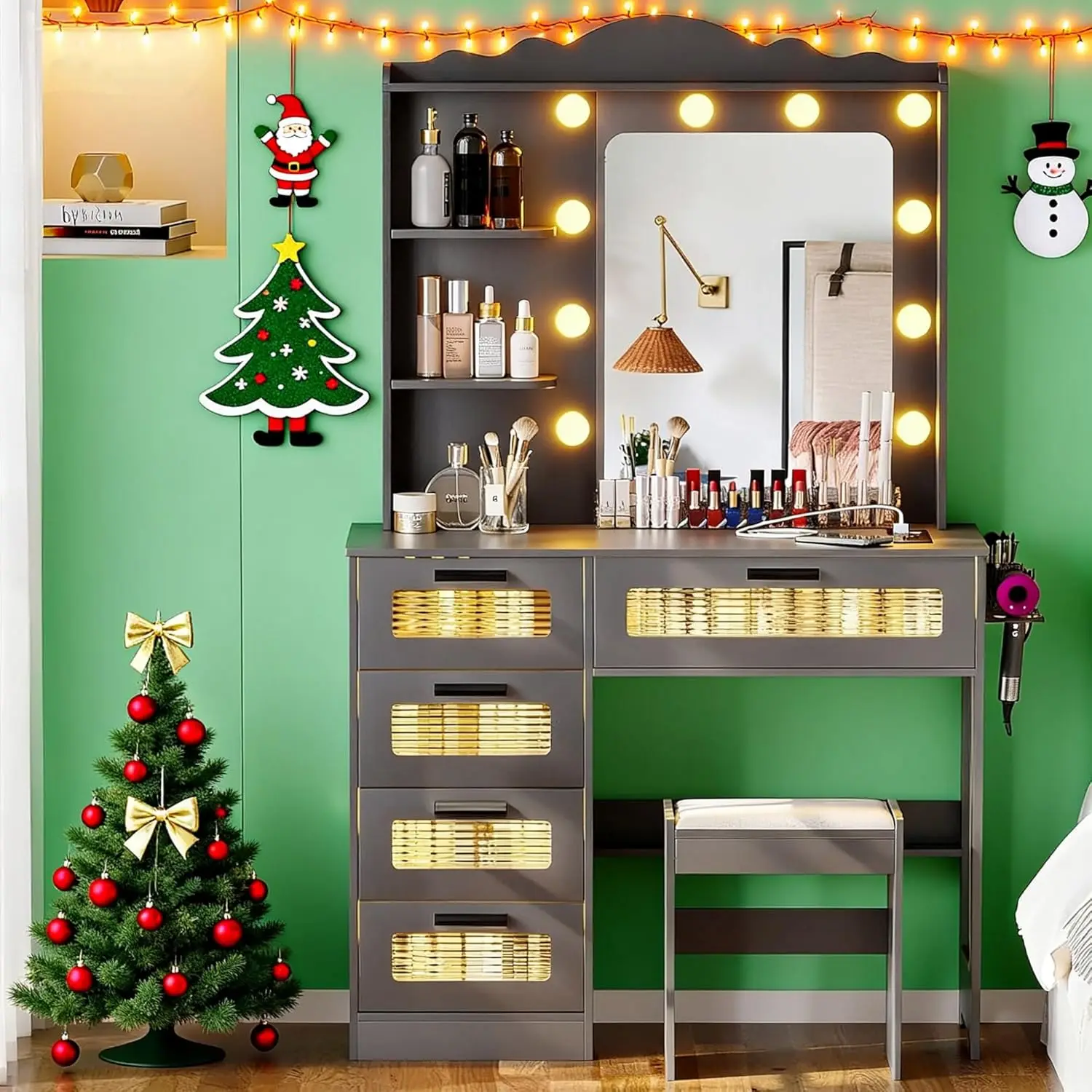 طاولة مكياج مع 10 لمبات إضاءة، مكتب زينة حديث مع مرآة و3 أوضاع إضاءة، مجموعة طاولة زينة مع 2 USB P