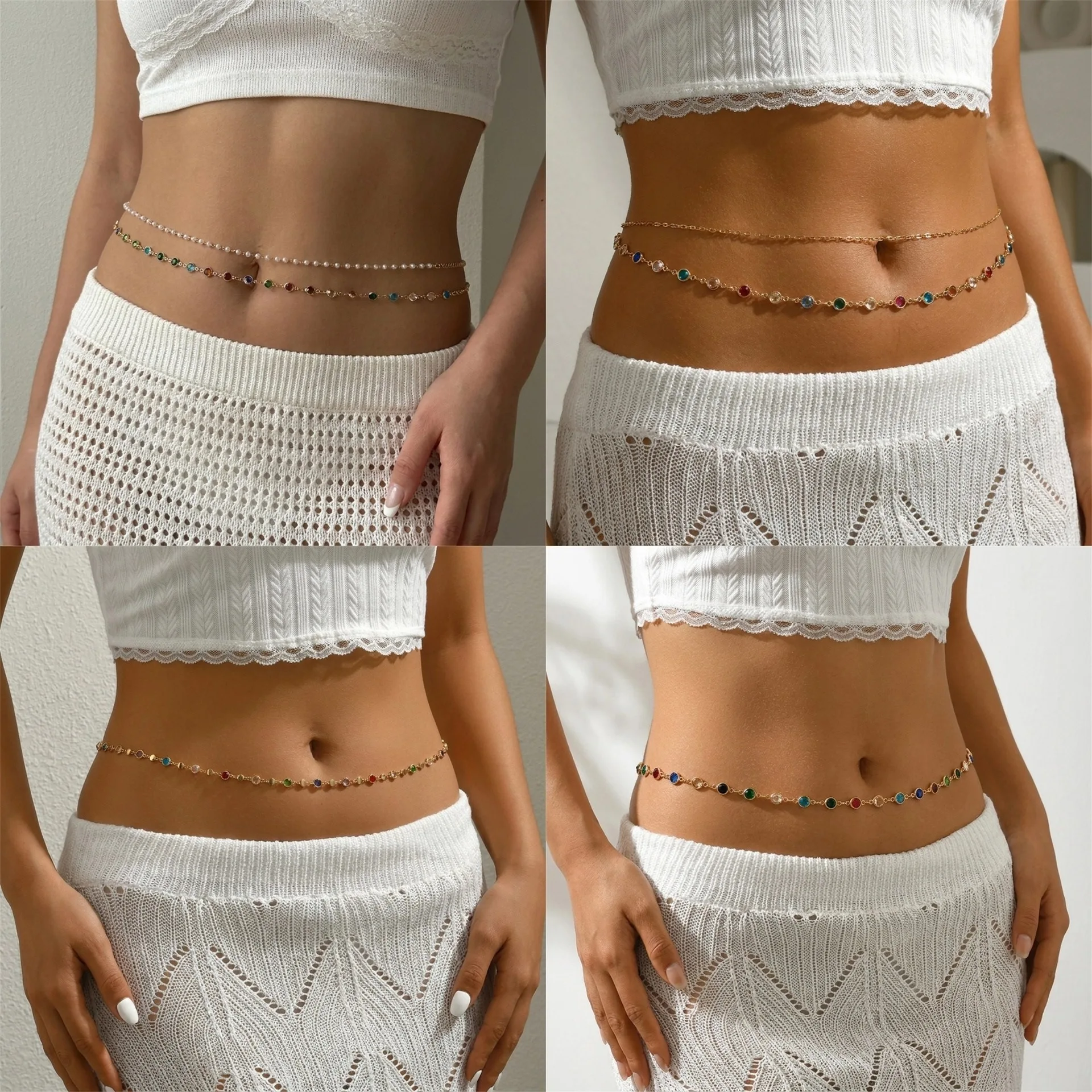 Double Layer Color Diamond Pearl Waist Chain Women's Luxury French Fashion Round Body Chain Stacking Personality Accessory