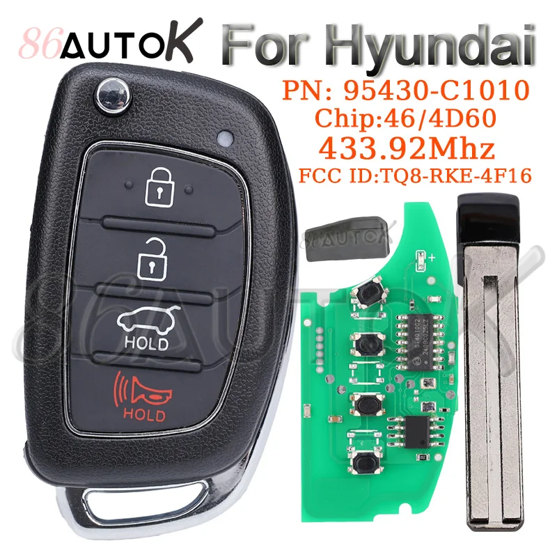 Flip Car Remote Key For Hyundai Sonata 2014 2015 2016 2017 2018 433MHz ID46/4D60 Chip 95430-C1010 4 Buttons FCC ID TQ8-RKE-4F16