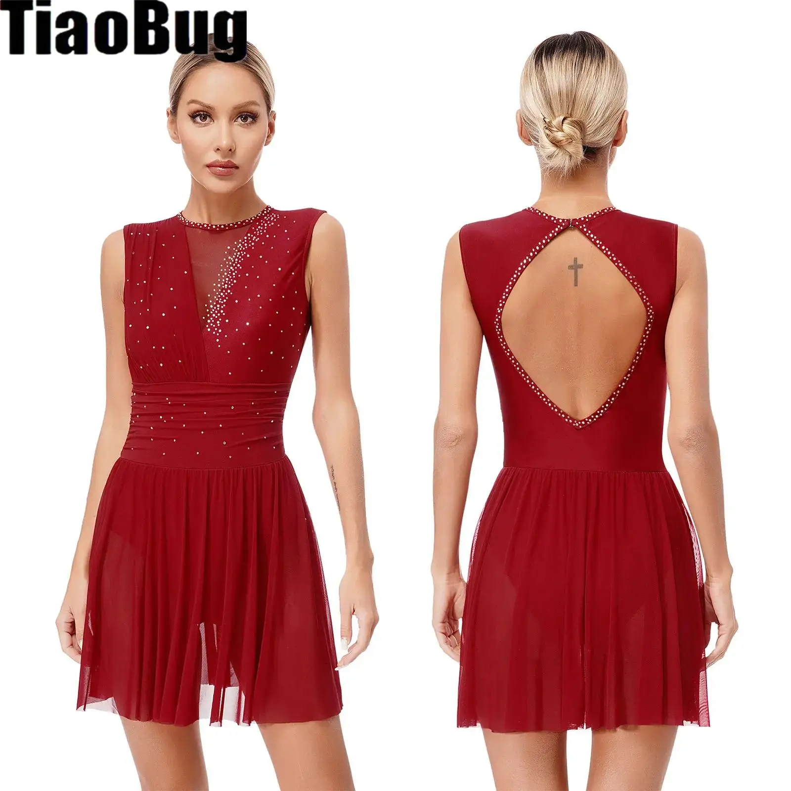 

Womens Figure Skating Dance Dress Glittery Rhinestones Lyrical Dance Dresses Cutout Back Sleeveless Ruched Performance Costume