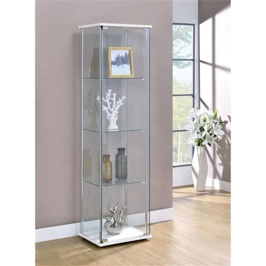 Modern 4-shelf glass display case cabinet for living room or office, metal construction with chrome support beams, white top/ba