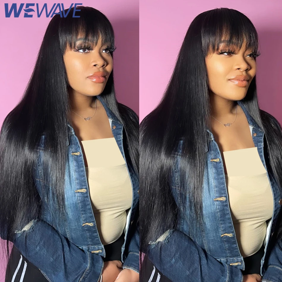 

Прямой парик из натуральных волос с челкой для женщин, 3x1, с центральным пробором, полностью машинной работы, черный, прямой парик из натуральных волос