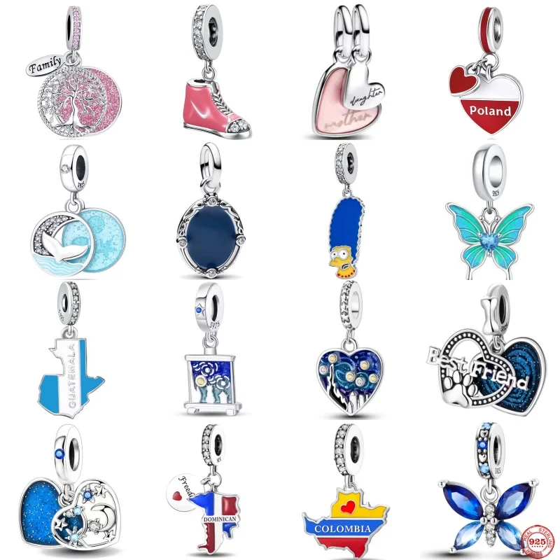 

2025 Blue 925 Sterling Silver Galaxy Star & Moon Murano Charm Fit Original Bracelet Lucky Cyan Clover Charm DIY Necklace Jewelry