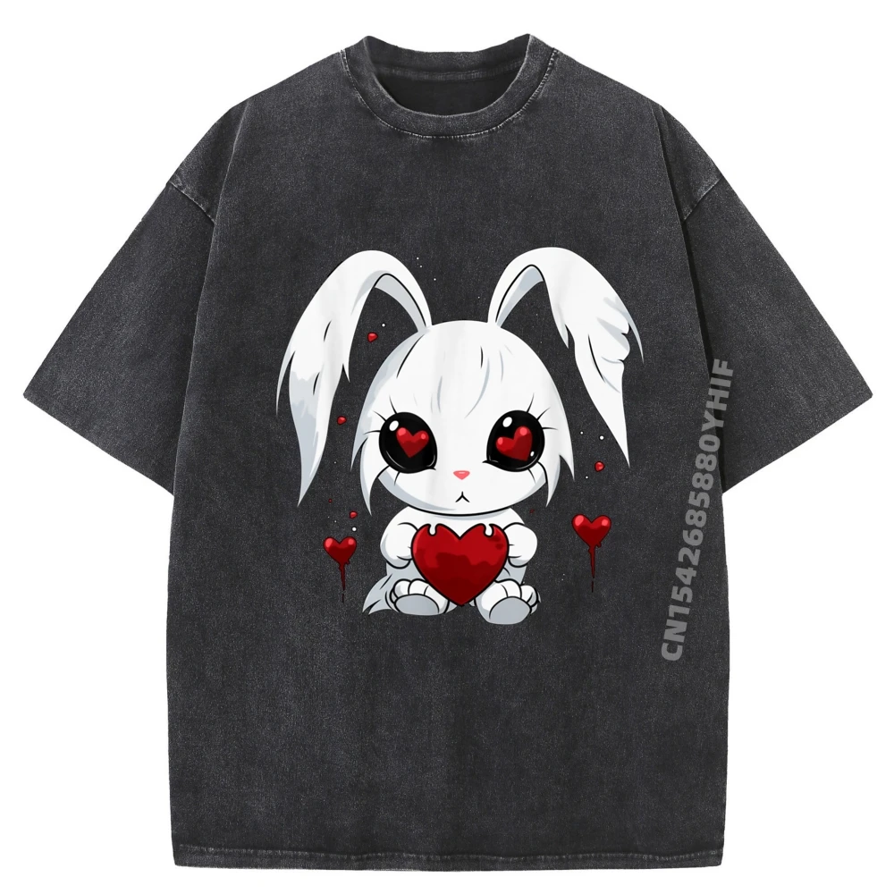 

Cute Kawaii Goth Bunny Shirts Men Graphic SOFT Washed Shirt High Quality Printed Men's T-Shirt Gothic Style