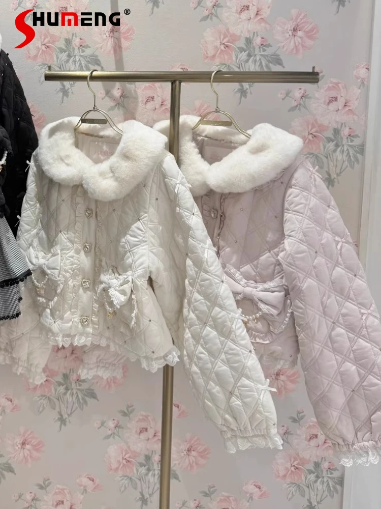 

Japanese Style Cute Doll Fur Collar Short Parkas Winter Coats Heart-shaped Button Bow Pocket Sweet Versatile Jackets for Women