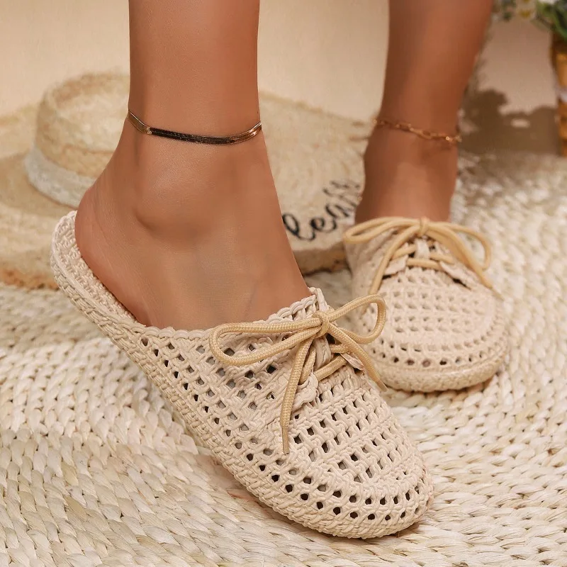 

New Hot Women's Sandals Summer Hollow Toecap Female Flat Slippers Outdoor Casual Beach Solid Color Breathable Ladies Hole Shoes