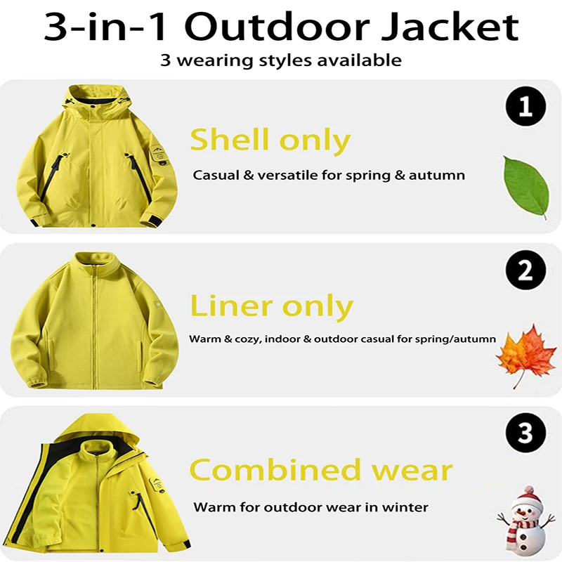 Men's 3-in-1 Jacket with Removable Fleece Liner, Waterproof Windproof Coat for Hiking, Camping, Travel and Daily Outdoor Use