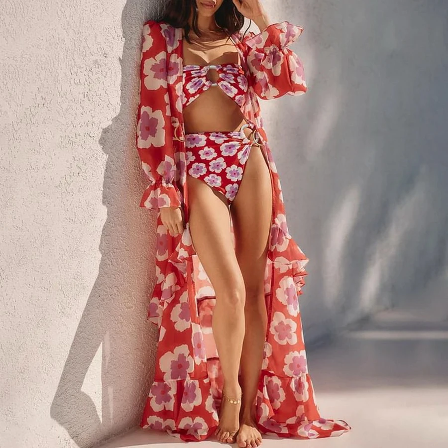 

Para Praia 2025 комплект бикини с принтом и длинным платьем, купальник из трех предметов с эффектом пуш-ап, женский купальник, купальный костюм, женский купальный костюм