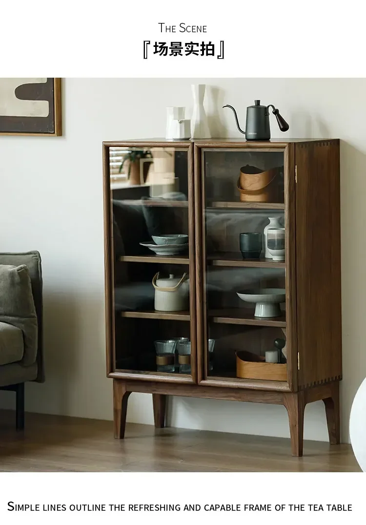 

N Black Walnut Retro Nordic Storage Sideboard Cabinet Hallway Glass Display Tea Side Cabinet