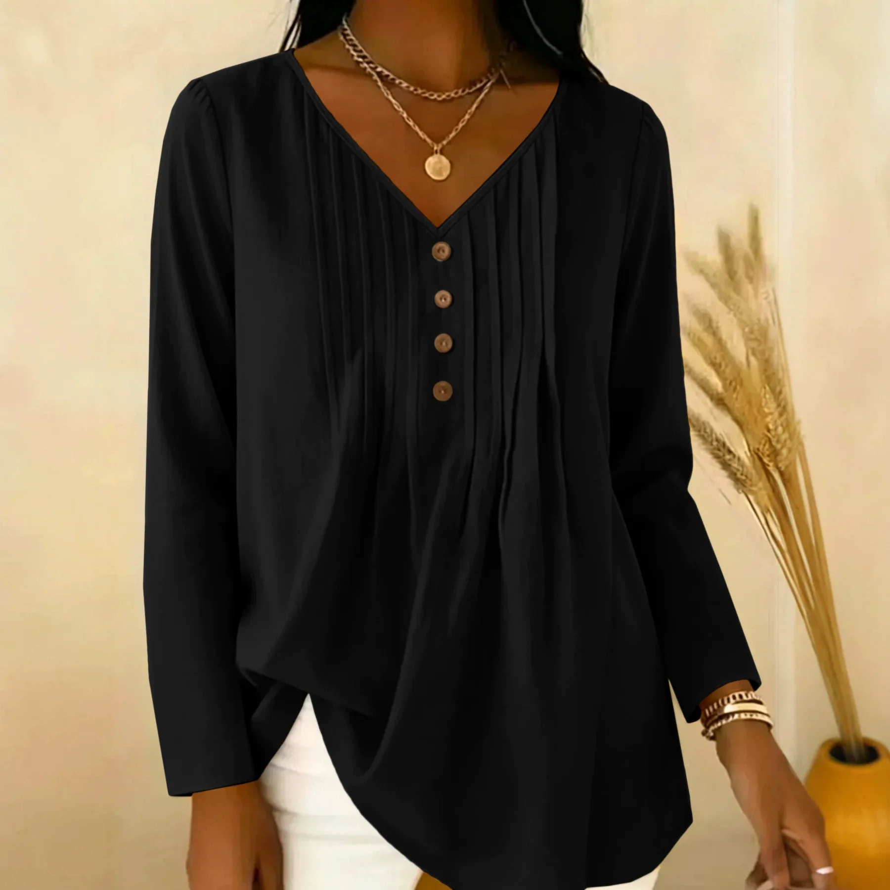 Gentle Early Autumn V-Neck Half Button Pleated Long Sleeve Blouse, Loose Fit Hide Belly Versatile Casual Shirt view 4