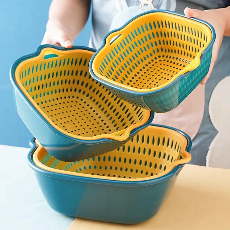 Kitchen Drain Basket 6-Piece Set Double Layered Household Vegetable Washing Basket Multifunctional Plastic Fruit Basin