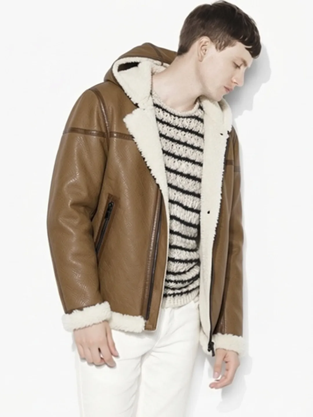 

Мужская модная городская зимняя теплая куртка из натуральной кожи с меховым капюшоном, бренд Curphey, приталенный крой, длинный рукав, короткое пальто на молнии