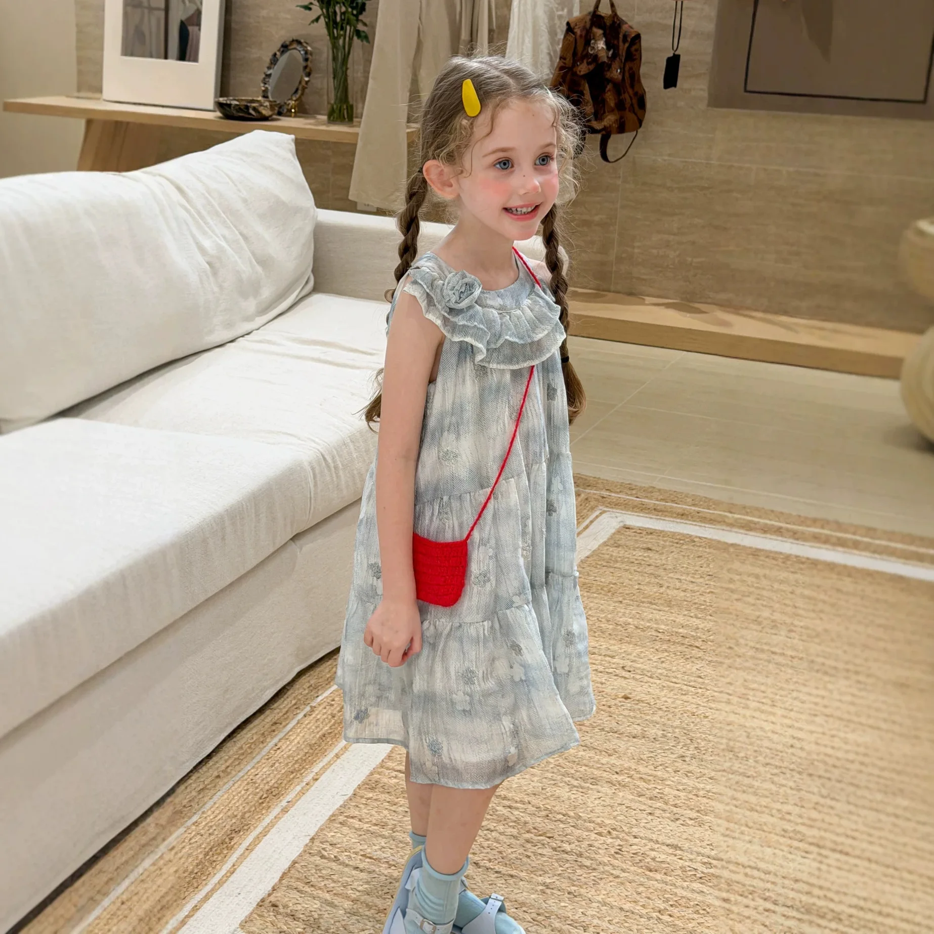 2026 Summer New Girl's Sleeveless Beach Dress Vacation Style Collar Lotus Leaf Lace Chiffon Long Dress