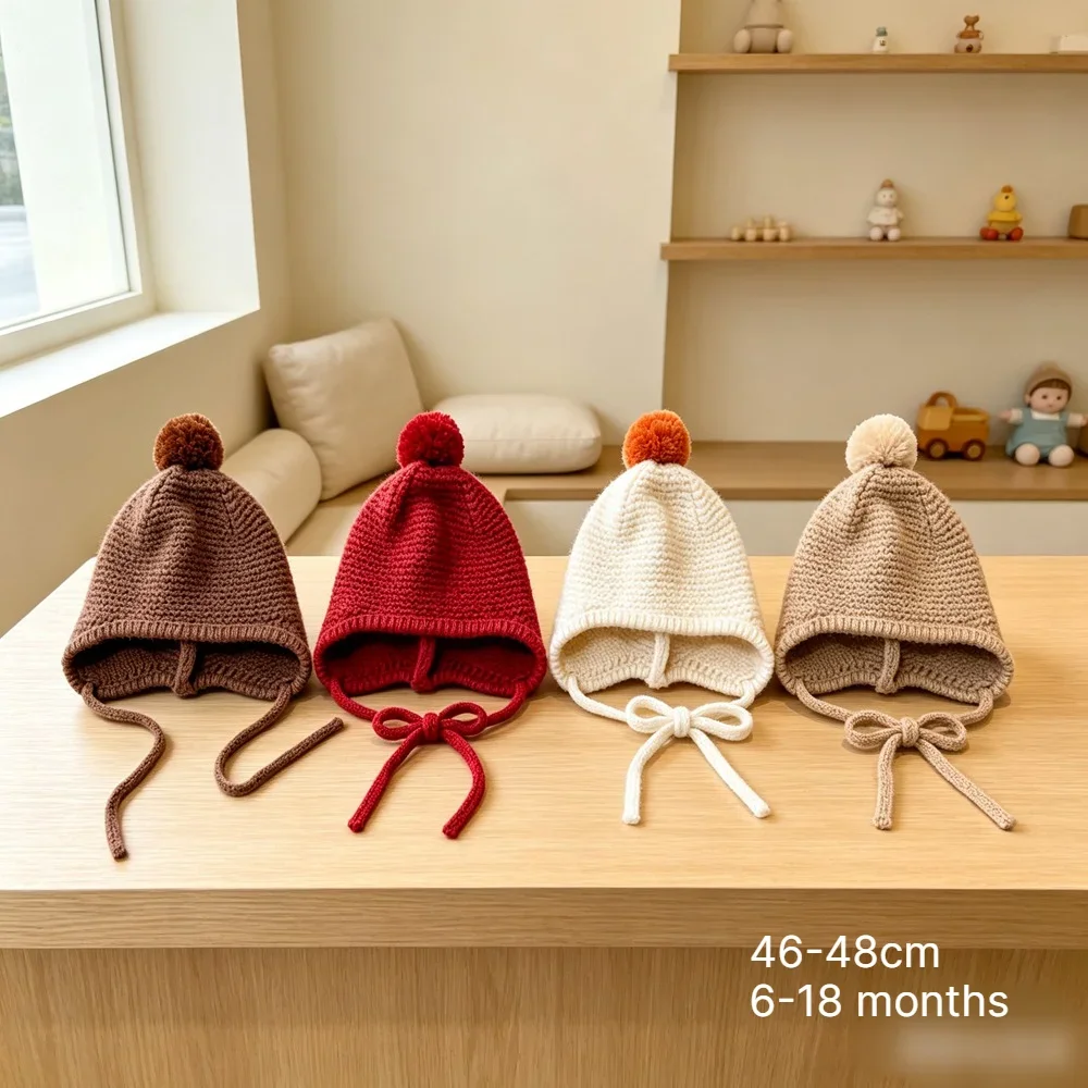 Baby Hat 46-48cm 6-18 Months Winter Knitted Girls Hats Beanie Kids Earflap Cap Warm Windproof Cold Proof Toddler Boys Cap