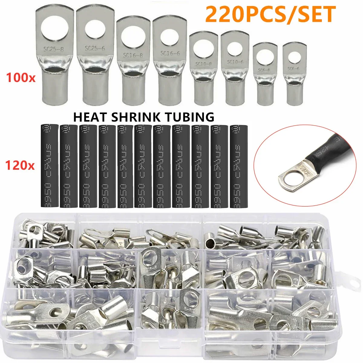 220Pcs Ring Terminal SC Bare Tinned Copper Lugs Terminals Heat Shrink Tubing  Cable Crimped/Soldered Terminal Kit