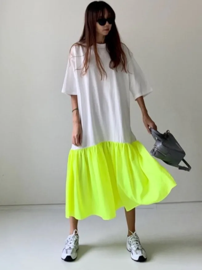 Vestido de verano refrescante con empalme, manga corta, otro material 00, sin marca registrada, año de tado de marcas com...