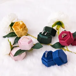 Soft Velvet Wedding Double Ring Box Ear Stud Jewelry Box Colorful Geometric Hexagonal Jewelry Packaging Box For Women Girls