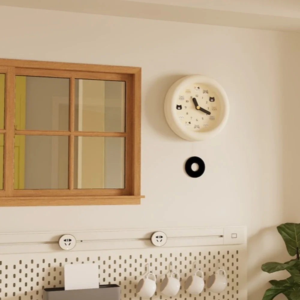 Cute Round Wall Clock with Cats Pattern Dial Silent Pendulum Clock Mute Clock for Kids Room Bedroom Living Room Home Decor Gifts