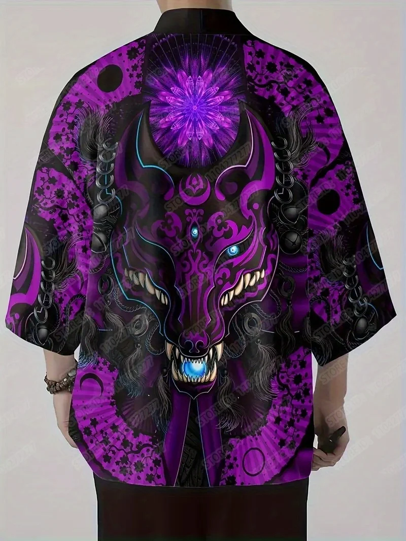 Japanischer Kimono Lila Drache Grafikdruck Cosplay Vintage Streetwear Erwachsene Traditionelle Samurai Lose Kimono Strickjacke für Männer
