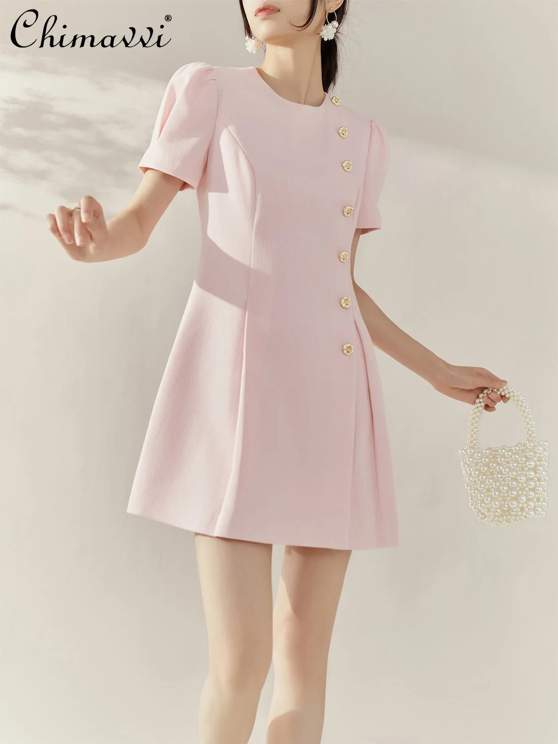 

French Elegant Socialite Pink Dresses Round Neck Puff Sleeve Single Breasted High Waist Slim A-line Short Dress Women Summer