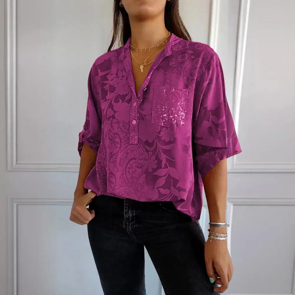 Zomer Casual Shirt Bedrukt Los Shirt Stijlvol Dames V-Hals Revers Shirt Met Halve Mouw En Pailletten Opgestikte Zak Voor Dames