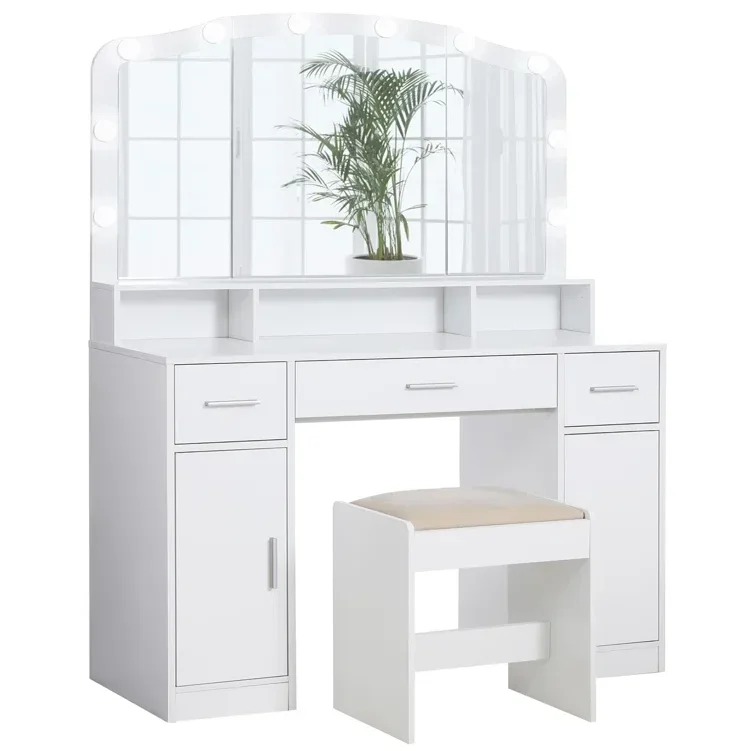 Spacio Storage Bedroom Vanity Table Dressing Vanity Cabinet Light Bulbs and Big Mirror Dressing Table Make up Table