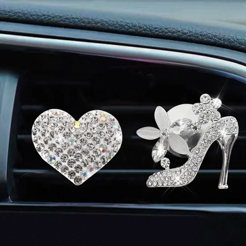 Bling Crystal Car Ornaments Rhinestone Heart Bow Auto Air Vent Fragrance Clip for Girls Women Air Outlet Perfume Decorations