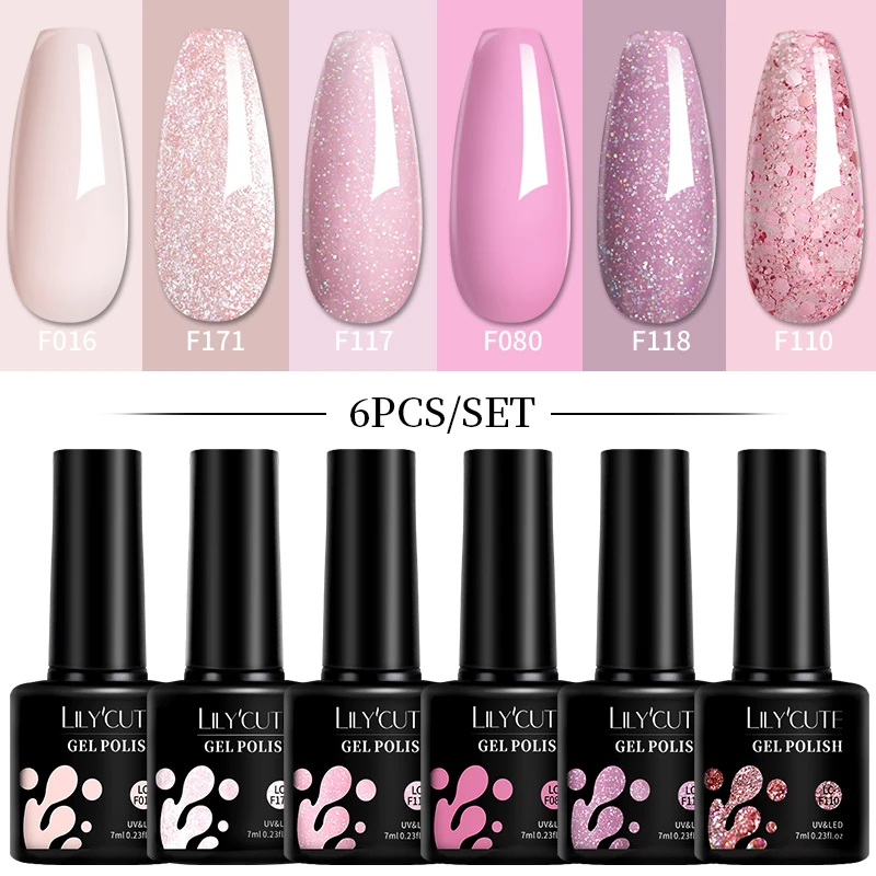 LILYCUTE 6-teiliges 7ML Gel DIY Nagellack-Set Leuchtend Rosa Nagel-Charms Abziehbarer UV-LED-Gel-Lack Nagelkunst-Design Zubehör