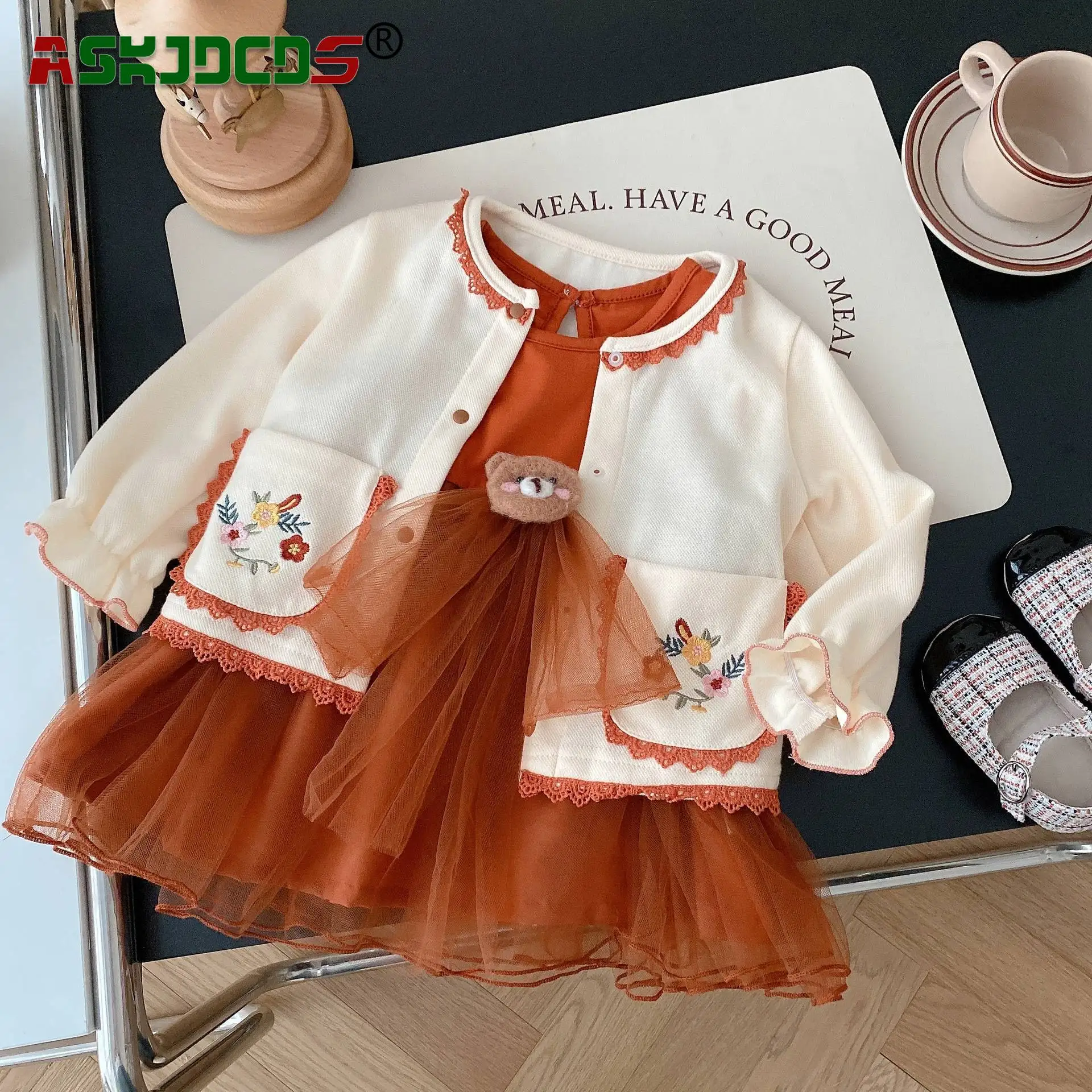 

2023 Autumn Princess Style Full Sleeve Embroidery Top Coat Single-breasted Sweater Sleeveless Mesh 3D Dress Kids Baby Clothing