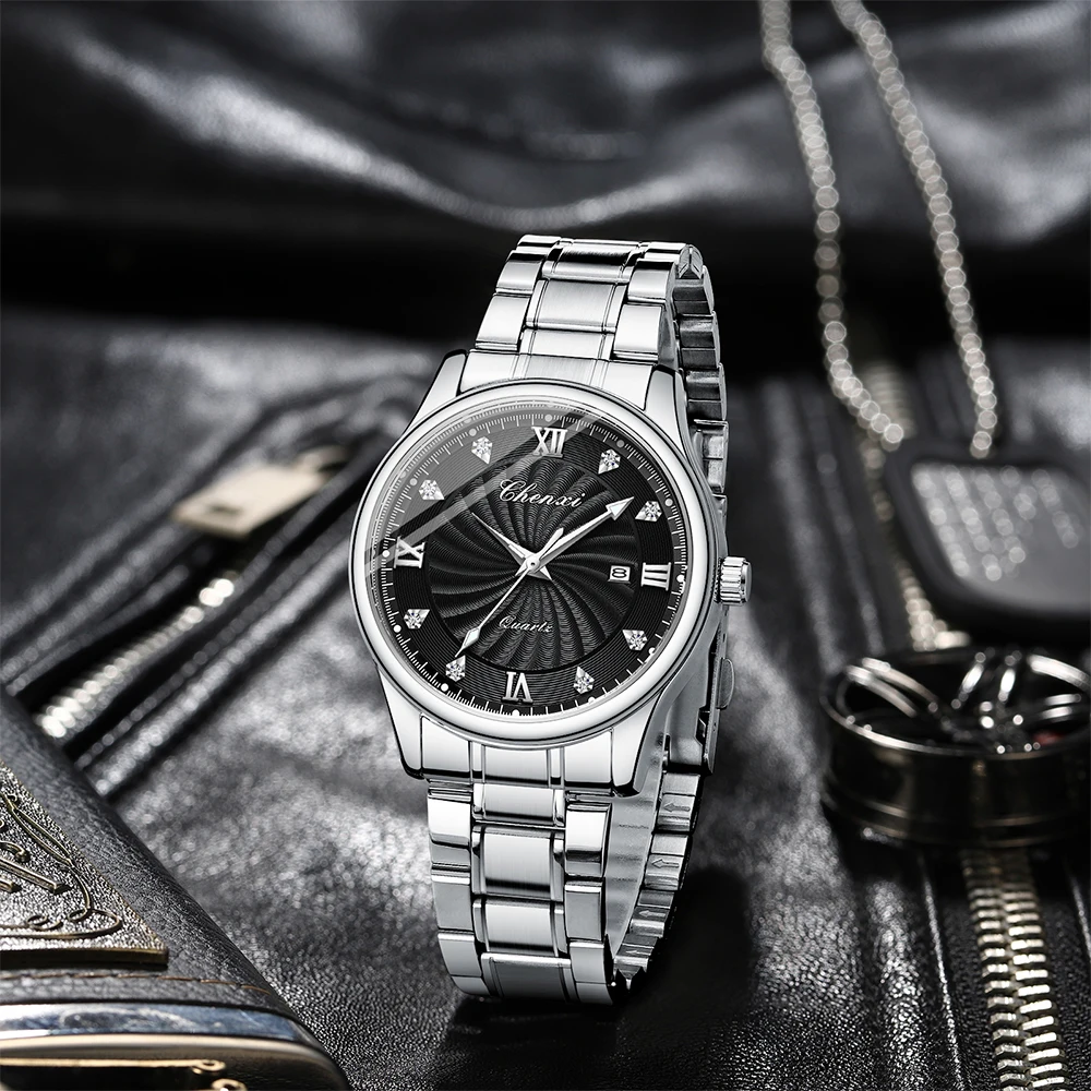 남자를위한 패션 비즈니스 실버 시계 빛나는 라운드 다이얼 석영 손목 시계 방수 달력 디스플레이 남자 시계 CHENXI