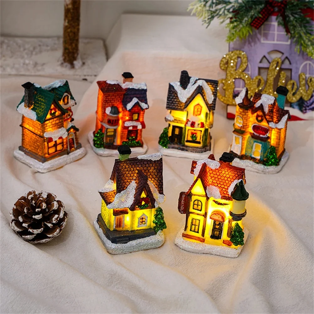 Glowing Christmas House Led Light Christmas Tree Ornaments LED Resin Small Village House Xmas Decor Gift Happy New Year 2024