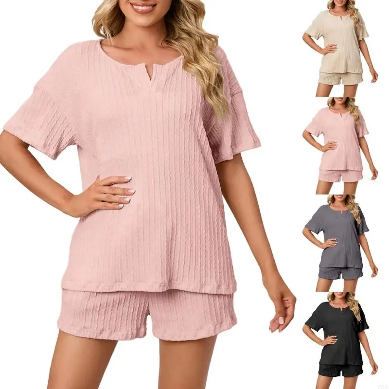 

77HE Женский трикотажный пижамный комплект из двух предметов: топ и шорты с v-образным вырезом, короткими рукавами и шортами