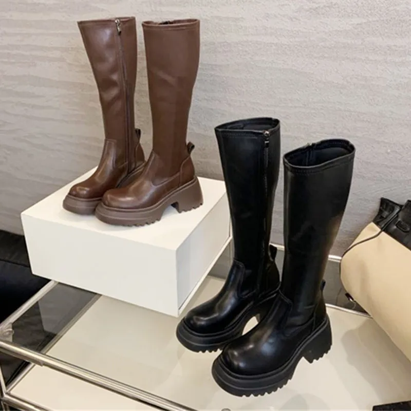 

Коричневые длинные женские сапоги до колена из мягкой кожи на массивном каблуке, ботинки на платформе с боковой молнией, дизайн 2026, осенняя мода Botas Largas