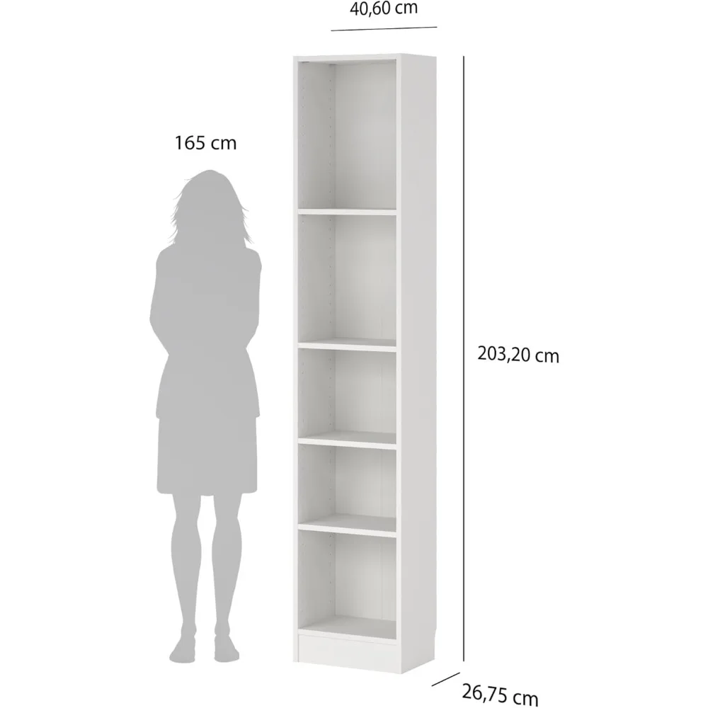 خزانة كتب ضيقة أنيقة ذات 5 أرفف باللون الأبيض - تخزين موفر للمساحة للكتب والديكور #3