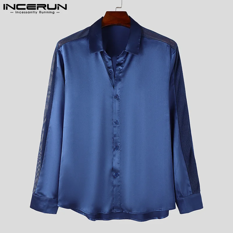 INCERUN Tops 2024 American Style Fashion Men\'s Mesh Hollow Splicing Satin Shirts Casual Party Show Hot Sale Long Sleeved Blouse