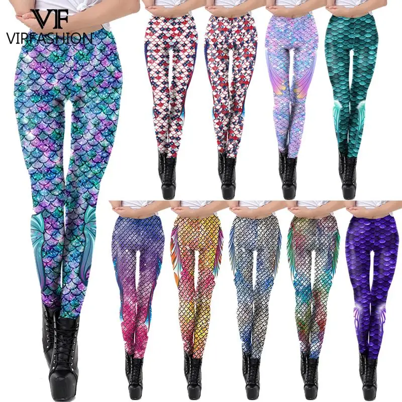 

VIP FASHION Fish Scale Mermaid Leggings Women Print Colorful Soft Sports Skinny Running Pants Spandex Trousers