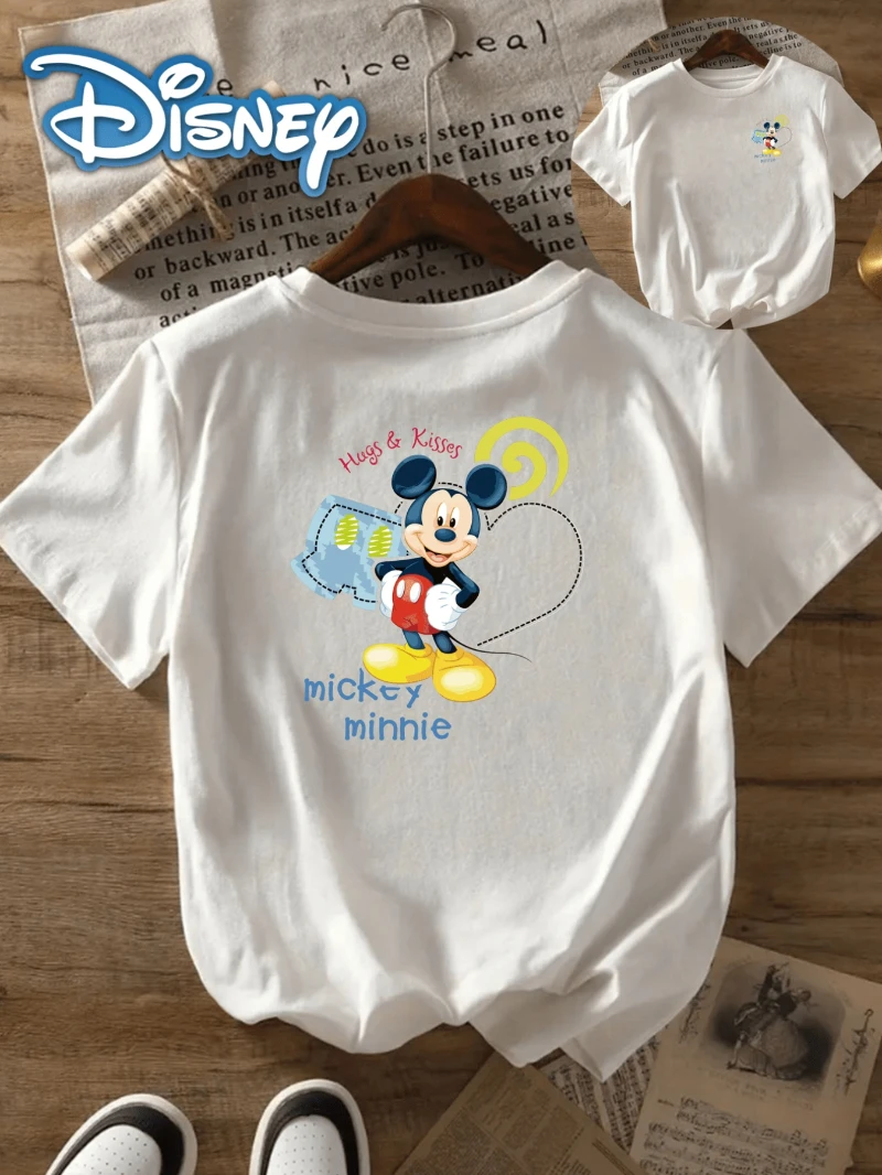 Disney Printed Fashionable Short Sleeved Summer Must-have Mickey Mouse, Huggs&Kisses Printed Round Neck Women's Casual