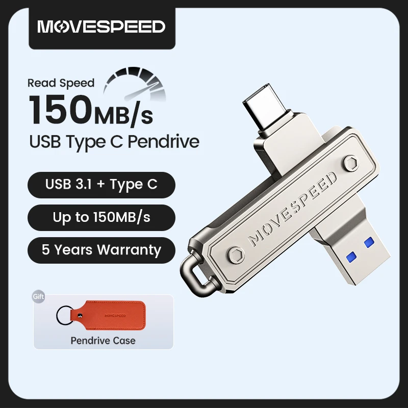 Movespeed 150mb/usb tipo c flash drive 64gb 128gb 256gb 512gb otg usb 3.1 pendrive para macbook iphone 15/16 computador portátil
