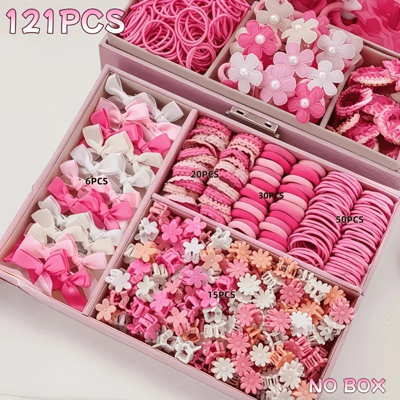 121Pcs Girls Hair Accessories Set Pink Bow Hair Clips Flower Elastic Hair Ties Kids Hairpins Ponytail Holder Hair Gift Set